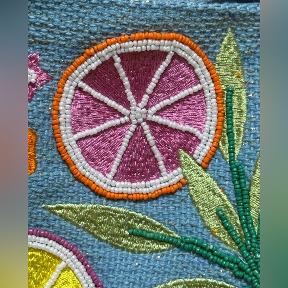 Beach Bag Express Edit Tote-Blue Tropical Embroidered Tote Bag with Pom-Pom Trim - Picture 16 of 16